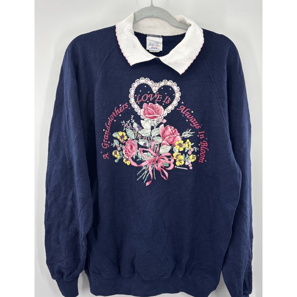 Vintage Santee‎ Sweats Navy Blue Grandma Floral Collar Sweatshirt 1992 XL USA